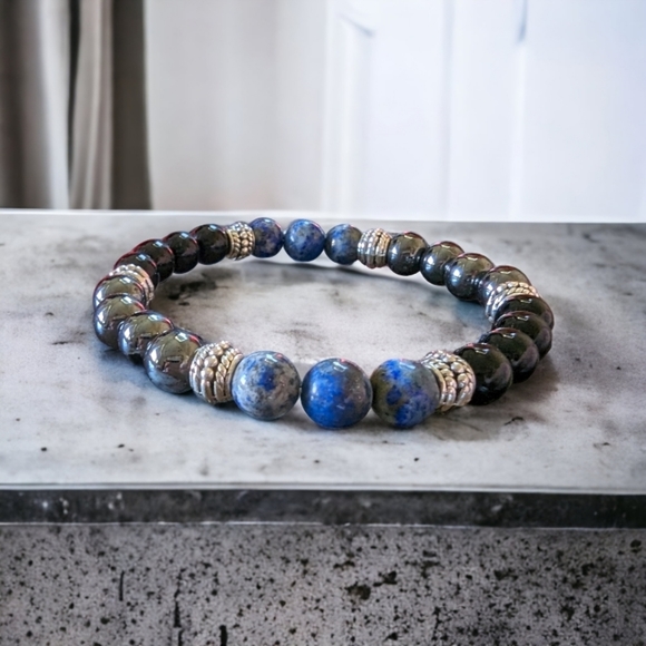 Lapis Lazuli & Hematite Men's Bracelet Natural Stones 8mm Stretches - Picture 5 of 5